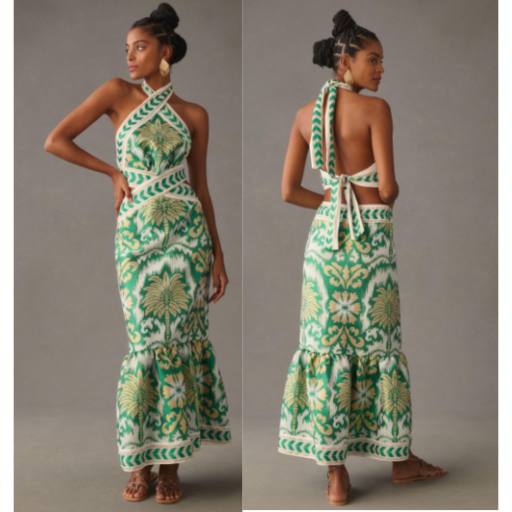 Anthropologie Green And Cream Floral Halter Maxi Dress